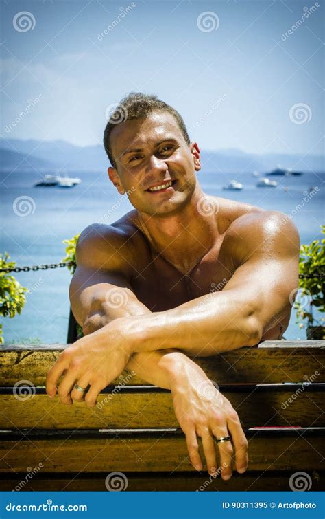 Handsome Muscular Shirtless Hunk Man Outdoor Stock Image Image Of