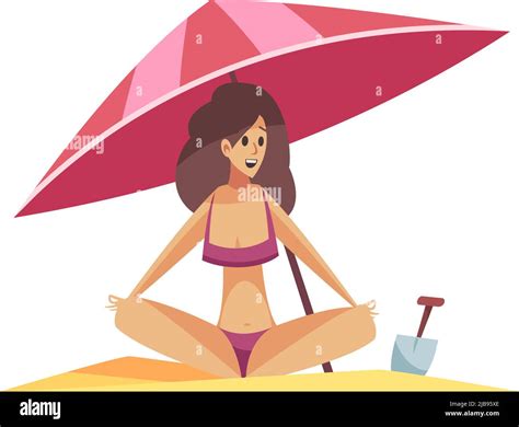happy woman in swimsuit sitting on sandy beach under umbrella flat vector illustration stock