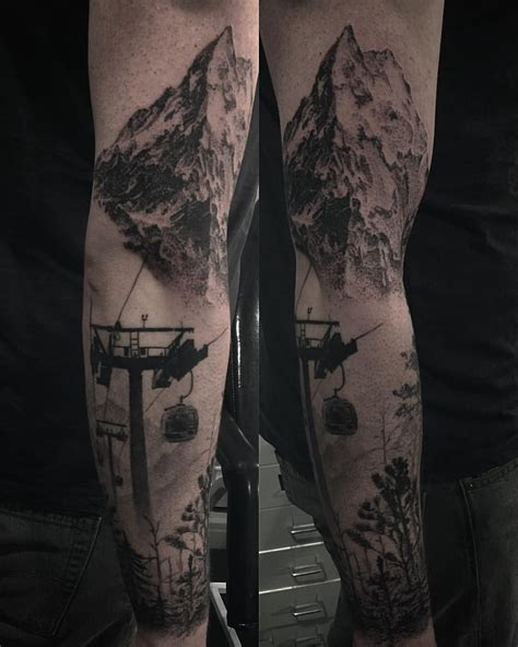 Dotwork Sleeve With Mountain And Forest Tattoo By Alex Oberov Best