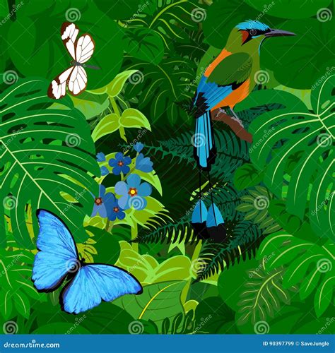 Seamless Vector Tropical Rainforest Jungle Background With Motmot And