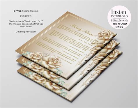 8 Page Gold Funeral Program Template In Tabloid Size Etsy
