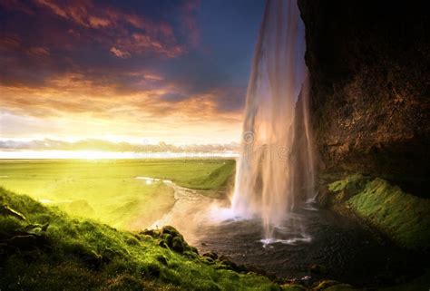 Seljalandsfoss Waterfall At Sunset Stock Photo Image Of Iceland