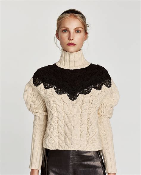 Image 4 Of Cable Knit Sweater With Lace Neckline From Zara Knit