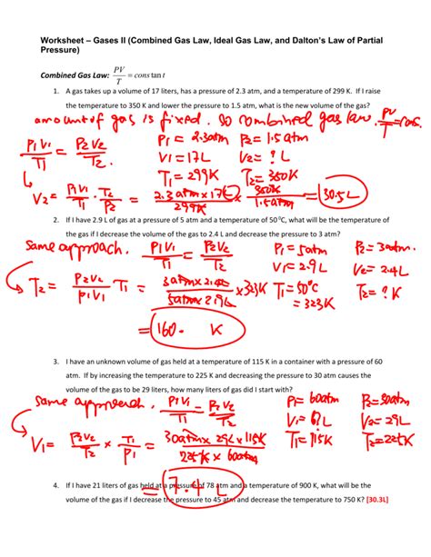 Gas Laws Worksheet Answers
