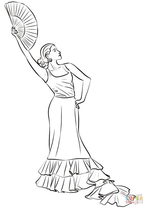 Woman Dancing Flamenco With Fan Coloring Page Free Printable Coloring Pages