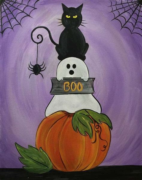 A Painting Of A Black Cat Sitting On Top Of A Pumpkin With The Word Boo