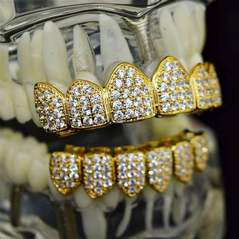 K Gold Plated Cz Iced Flooded Out Teeth Grillz Set Gold Teeth