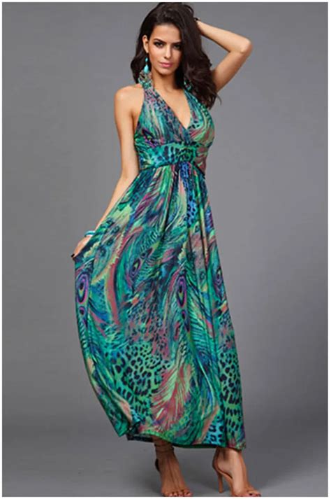 2015 Bohemia Women Beach Long Maxi Dress Fashion Color Printing V