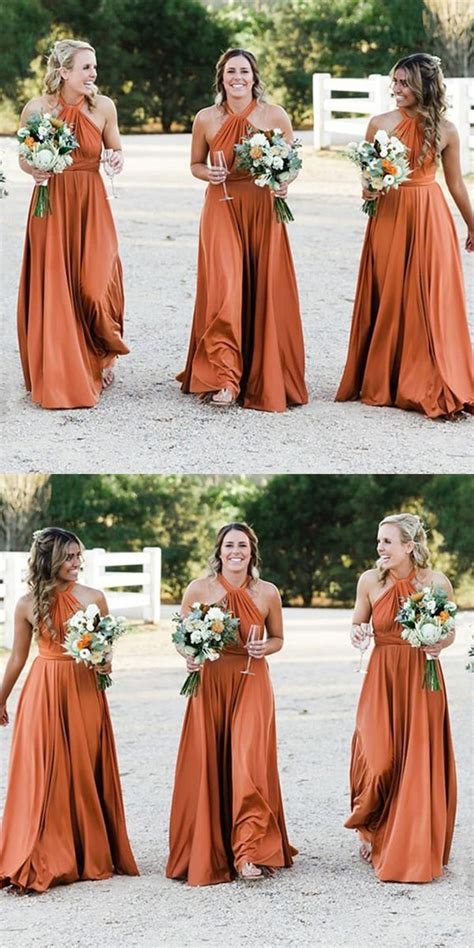 Burnt Orange Long Bridesmaid Dressesa Line Halter Floor Length Bridesmaid Dress With Pleats