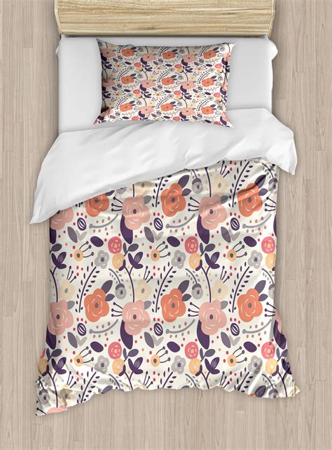 Sham has an envelope closure. Flower Twin Size Duvet Cover Set, Vintage Pastel Colors of ...
