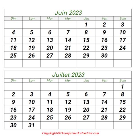 Calendrier Mois Juin Juillet 2023 A Imprimer The Imprimer Calendrier