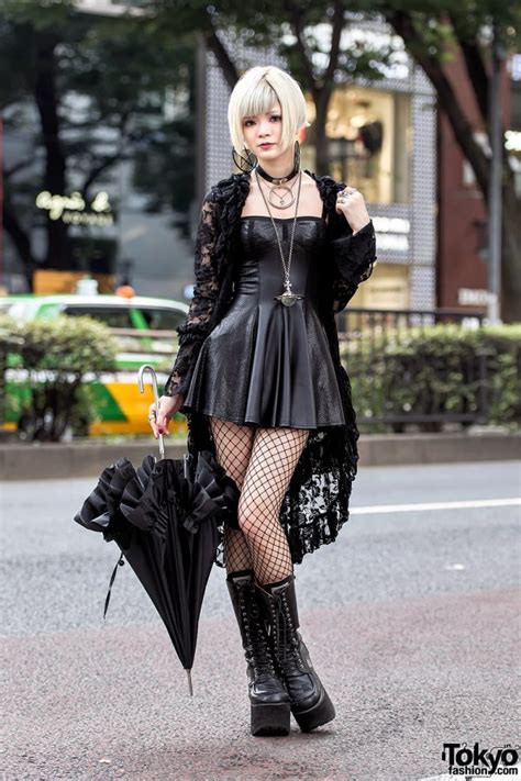 Gothic Harajuku Girl In Black Lace Mini Dress Platform Boots
