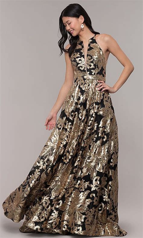 Long Gold Sequin Print High Neck Black Prom Dress Gold And Black
