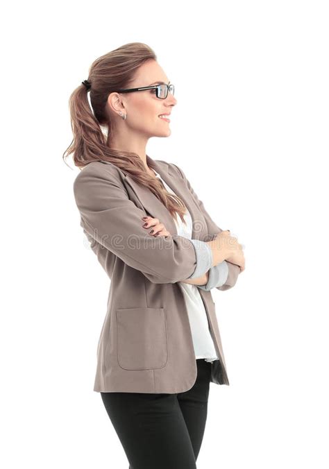 Business Woman Stand Profile With White Wall Background Stock Photo