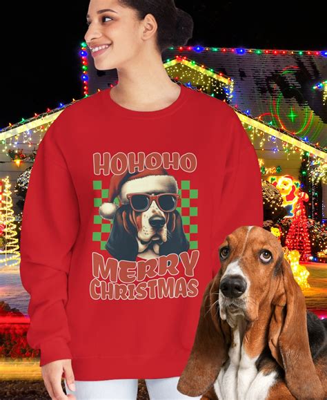 Basset Hound Christmas Sweatshirt For Holiday Basset Hound Wearing
