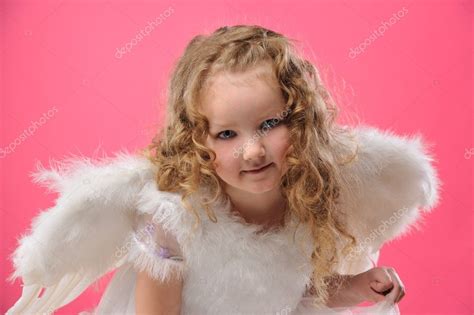 Beautiful Little Angel Girl Isolated On Pink Background — Stock Photo