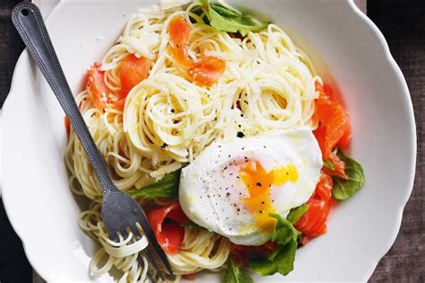Combine the pasta with 3 stalks of celery that have been diced finely, 3 sliced green onions, 1 grated carrot and 1/4 cup (60 ml) of your favorite bottled italian dressing. Angel Hair Pasta With Salmon And Poached Eggs Recipe ...