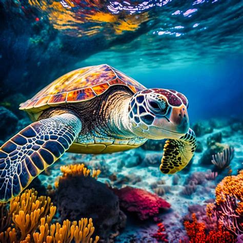 Sea Turtle Swimming In The Under Sea Beautiful Generative Ai Stock