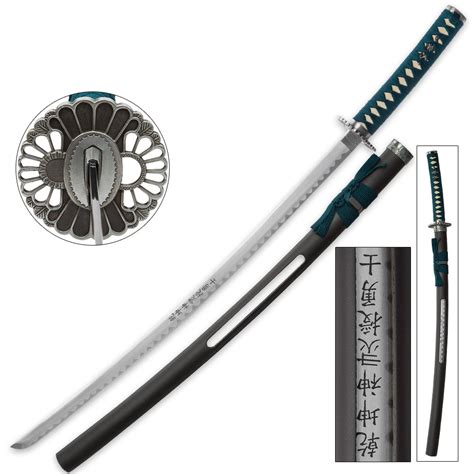 Teal Warrior Samurai Sword With Open Scabbard Knives