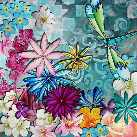 Whimsical Floral Flowers Dragonfly Art Colorful Uplifting Painting By