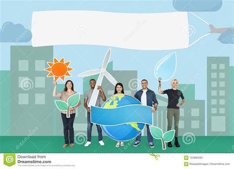 Group Of Diverse People Holding Eco Friendly Icon Stock Illustration ...