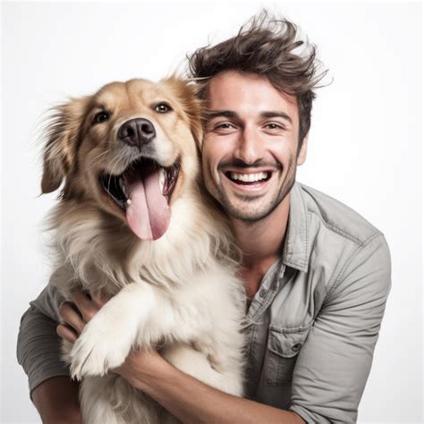 Premium Ai Image Happy Man Hugging His Dog On White Background Pet