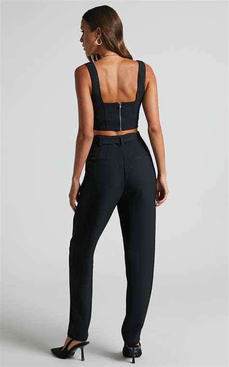 reyna two piece set crop top and tailored pants in black showpo