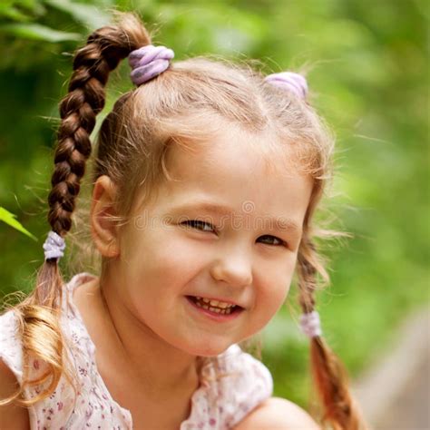 Little Funny Girl With Pigtails Outdoors Stock Image Image Of Fashion