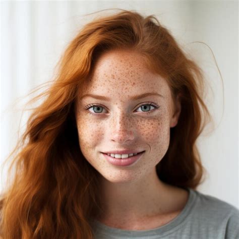 premium ai image headshot portrait of happy ginger girl with freckles smiling looking at