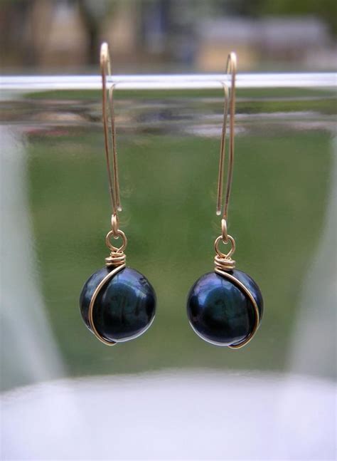 Dark Blue Pearl Drop Earrings Small 14k Gold Fill Dangles Wire Etsy