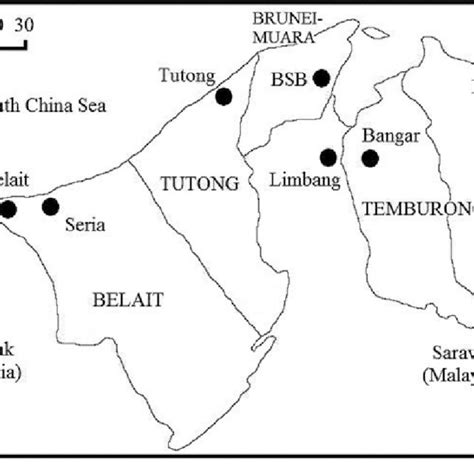 1 Map Of Brunei Showing The Four Districts And Main Towns Download