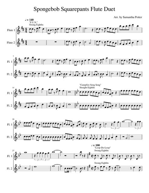 Spongebob Squarepants Flute Duet Sheet Music For Flute Woodwind Duet