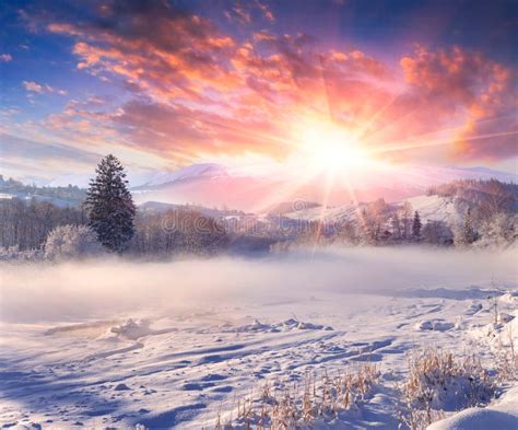 Beautiful Winter Sunrise In Mountain Village Stock Photo Image Of