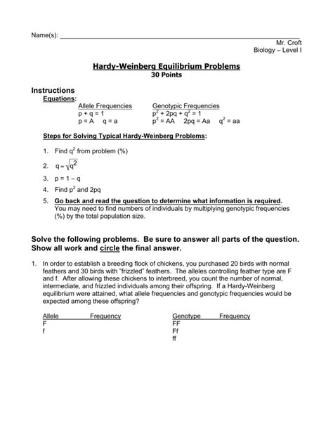 P2 + 2pq + q2 = 1 p + q = 1 p = frequency of the dominant allele in the population q = frequency of the recessive allele in the population. Collection of Hardy Weinberg Practice Problems Worksheet With Answers - Bluegreenish