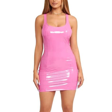 Baywell Women Pu Leather Bodycon Dress Sexy Sleeveless Low Cut Back Zipper Elastic Mini Dress