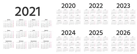 Spanish Calendar 2021 2022 2023 2024 2025 2026 2020 Years Vector