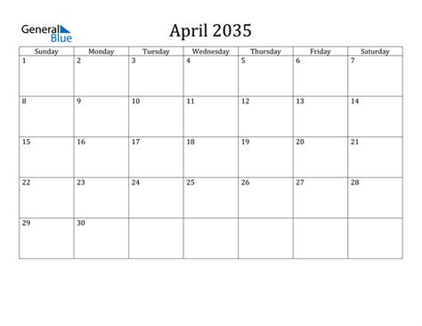 April 2035 Calendar Pdf Word Excel