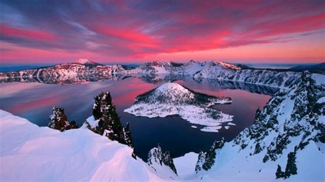 Winter Sunset In Crater Lake Oregon Wallpaper Colorful Wallpaper Better