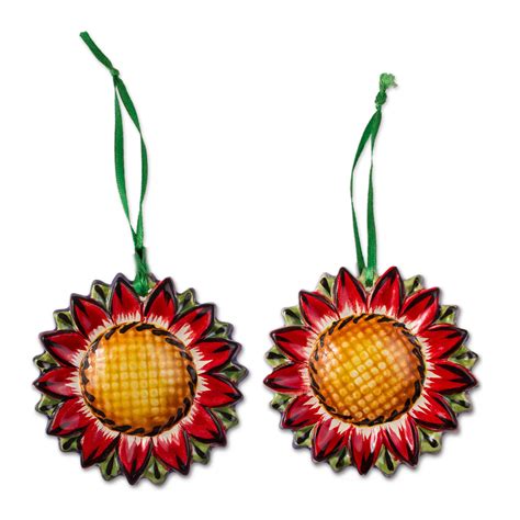Red Ceramic Sunflower Ornaments From Mexico Pair Festive Sunflowers