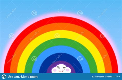 Bright Rainbow On A Blue Background With A Beautiful Smiling Cloud