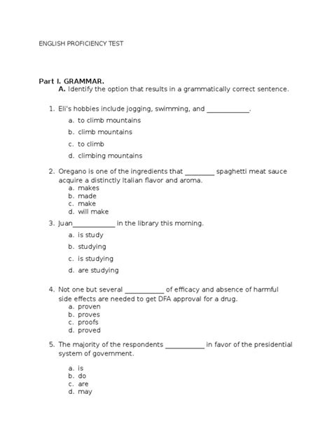 Free Printable English Proficiency Test Printable Templates