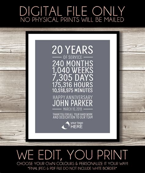 20 year work anniversary print 20 years of service etsy canada