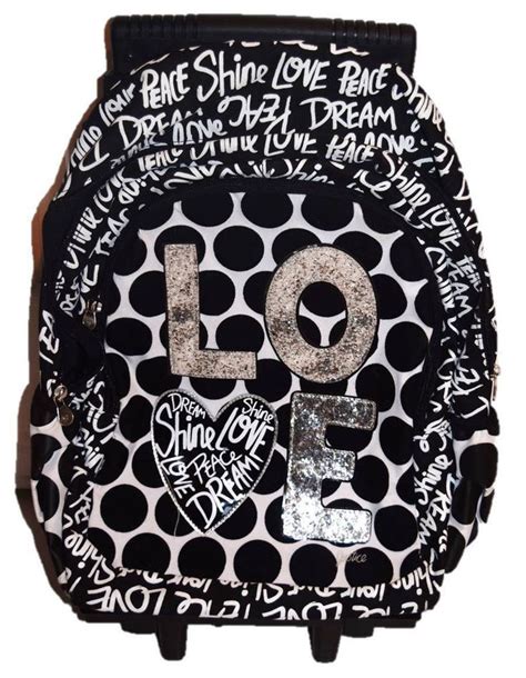 Justice Girls Black Silver Glitter Rolling Backpack Love Dream Hearts