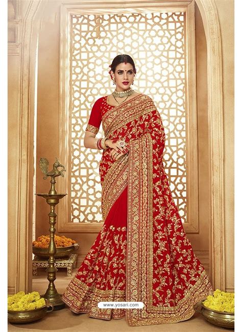 Buy Beautiful Red Heavy Designer Georgette Bridal Saree Bridal Sarees
