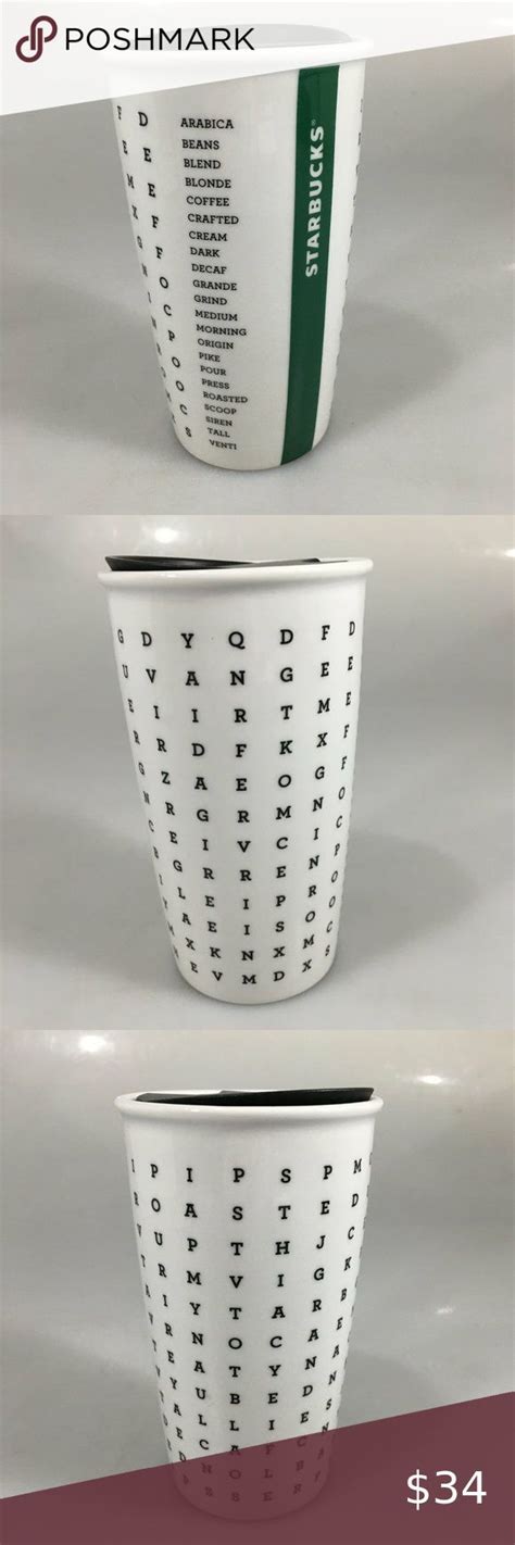 Starbucks White Word Search Alphabet Crossword Ceramic Mug Traveler 12