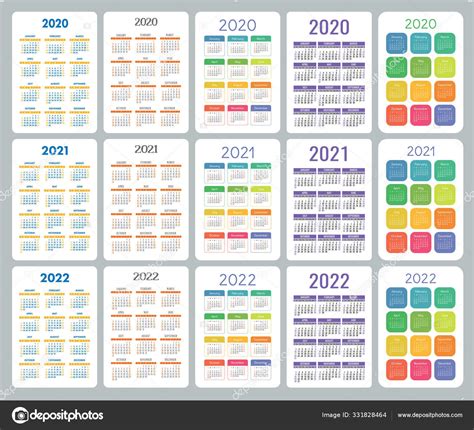 Calendario 2020 2021 2022 Años Colorido Conjunto Vectores Semana Comienza Stock Vector By ©ra