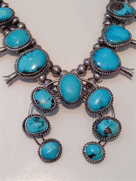 S Navajo Sterling Silver And Turquoise Squash Blossom Necklace At
