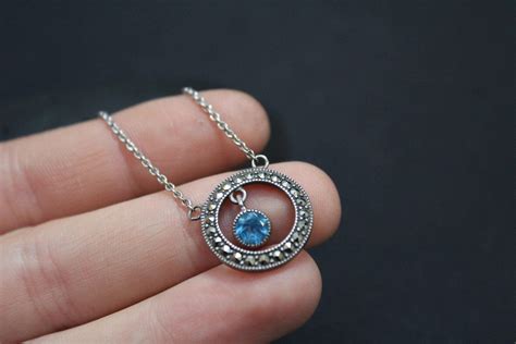 Sterling Silver Blue Gemstone Marcasite Circle Necklace Sterling