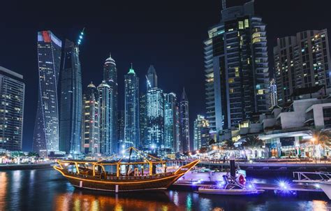 Wallpaper City Lights Dubai Sea Ocean Night Evening Buildings