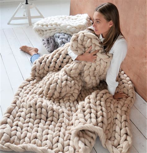 Chunky Knit Blanket 100 Merino Wool Blanket Giant Knit Etsy Uk